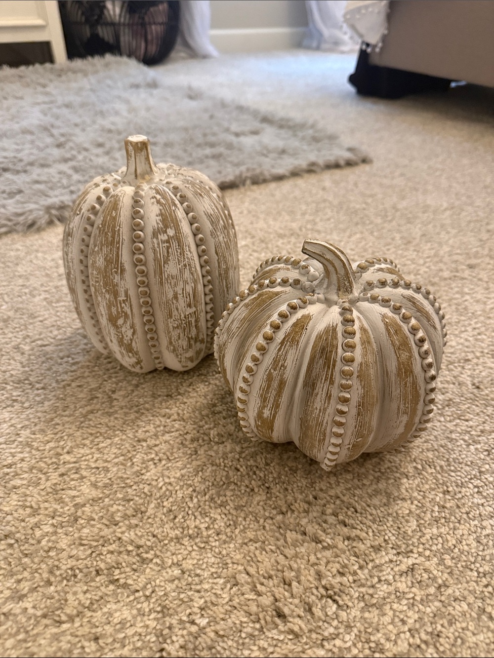 Distressed White Beaded Decorative Pumpkin Set - Home Accents